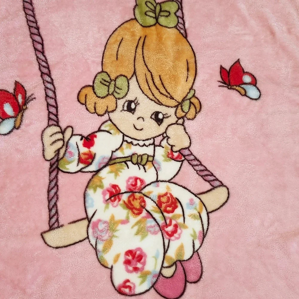 Vintage Precious Moments‎ Girl on Swing Pink Plush Blanket *Read